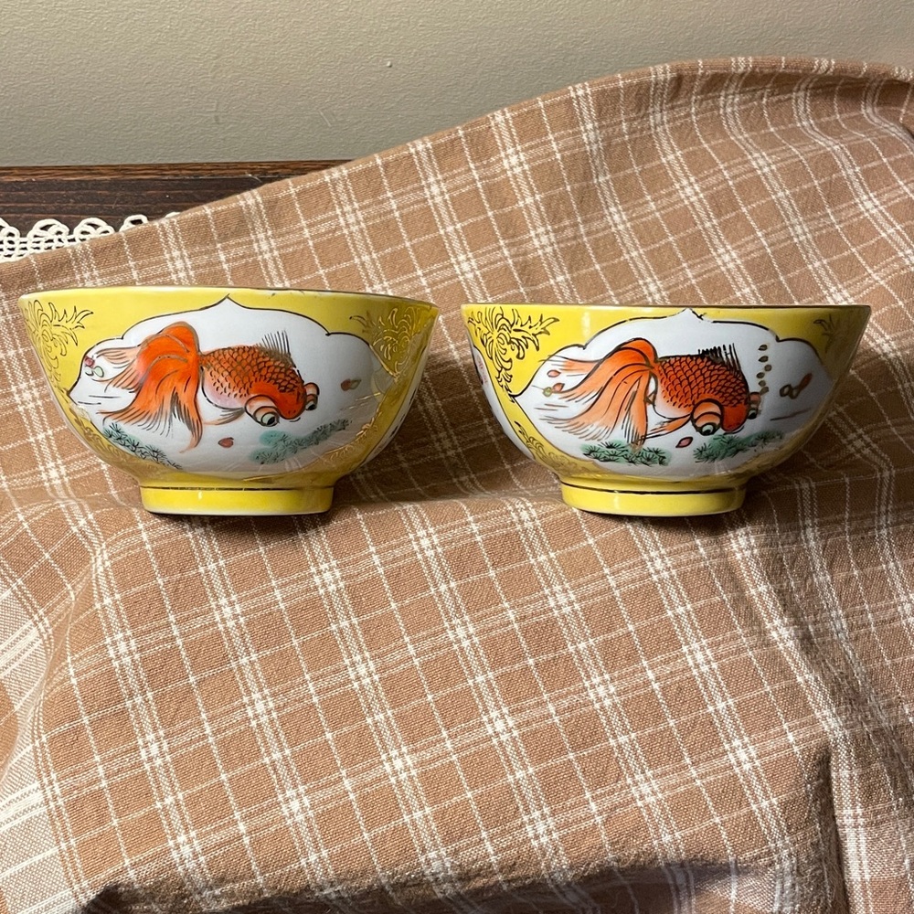 Porcelain Yellow Goldfish Koi Asian Rice Soup Bowls